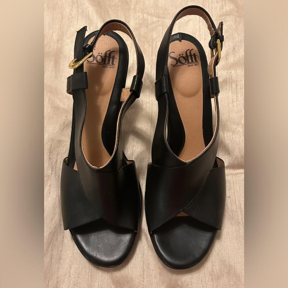 Sofft | Black Leather Open Toe Adjustable Sling Back Heels Women's 8.5